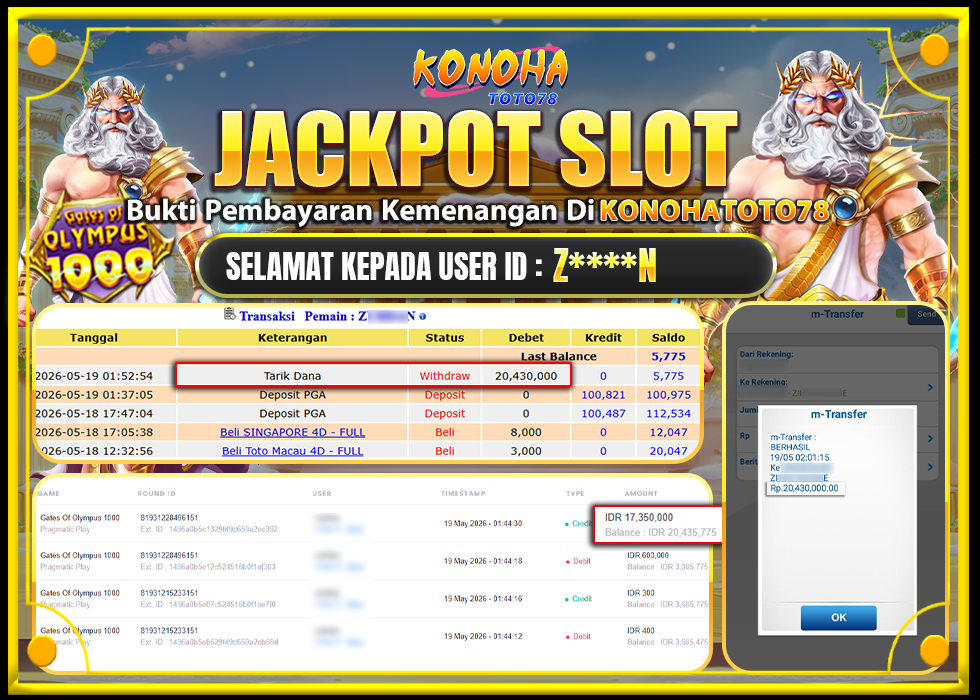 KONOHATOTO78 JACKPOT GATES OF OLYMPUS 1000Rp.20.430.000LUNAS